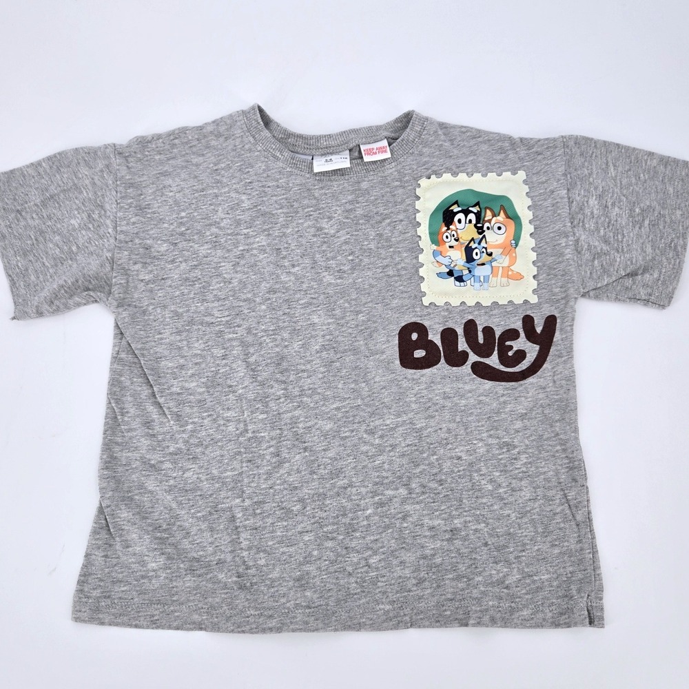 Zara Kids Bluey Family Postage Stamp Flocked Grey Graphic T-Shirt Size 5-6Y